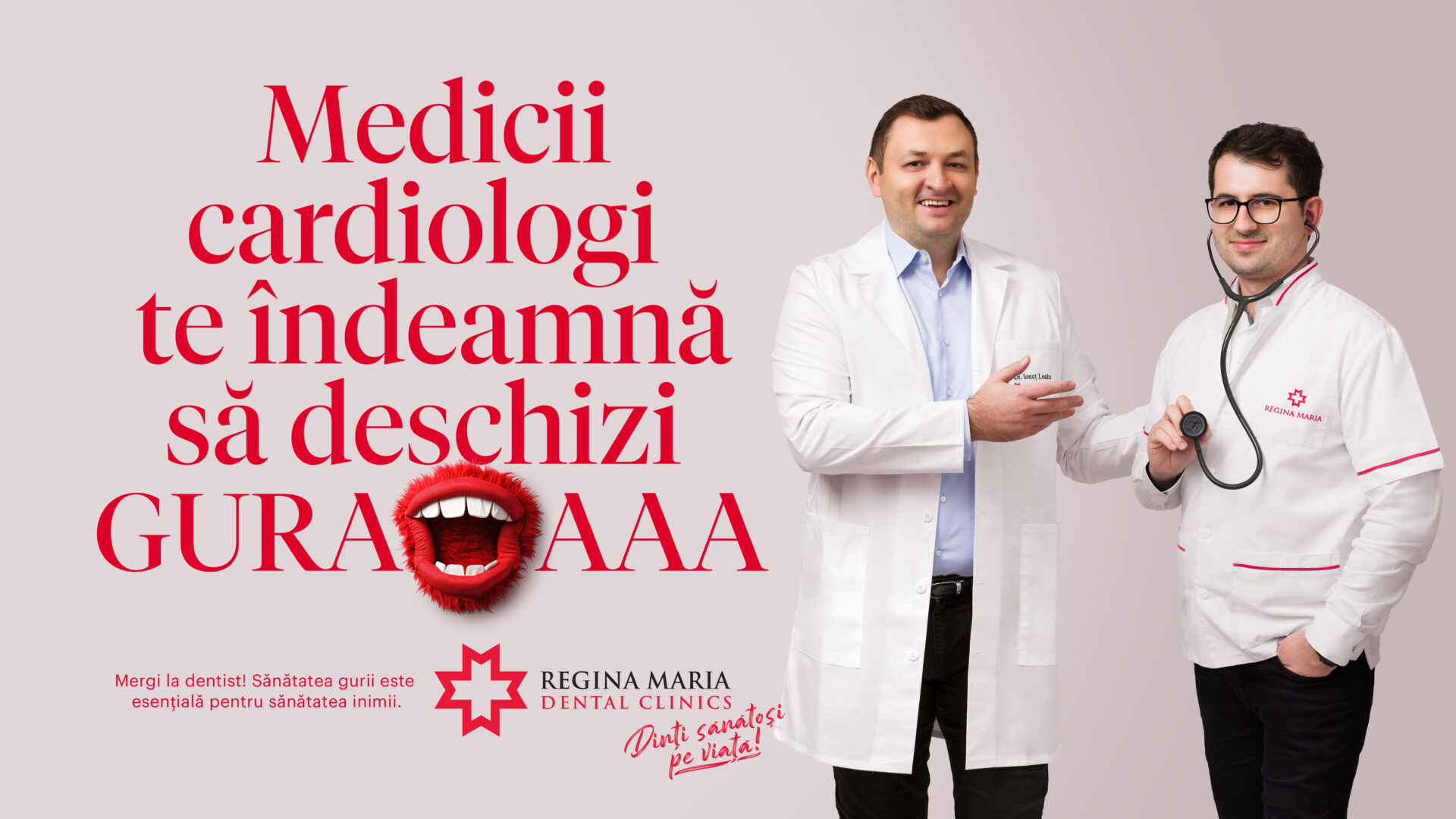 Dr. Ionuț Leahu, medic stomatolog cu competență în Implantologie Orală și Master în Implantologie Orală și Parodontologie, CEO Regina Maria Dental Clinics colaborează cu dr. Florin Barbu, medic specialist cardiologie în cadrul Rețelei Private de Sănătate Regina Maria pentru sănătatea inimii și sănătatea gurii.