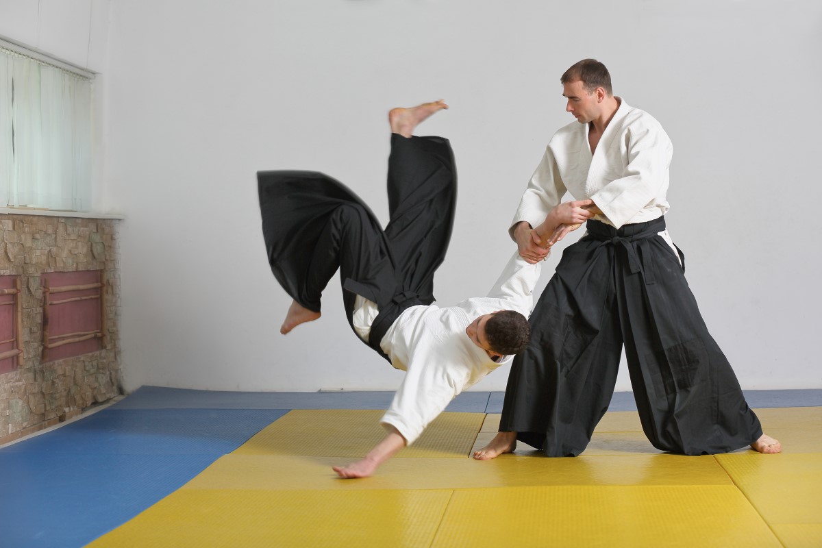 bărbați practicând aikido în sală