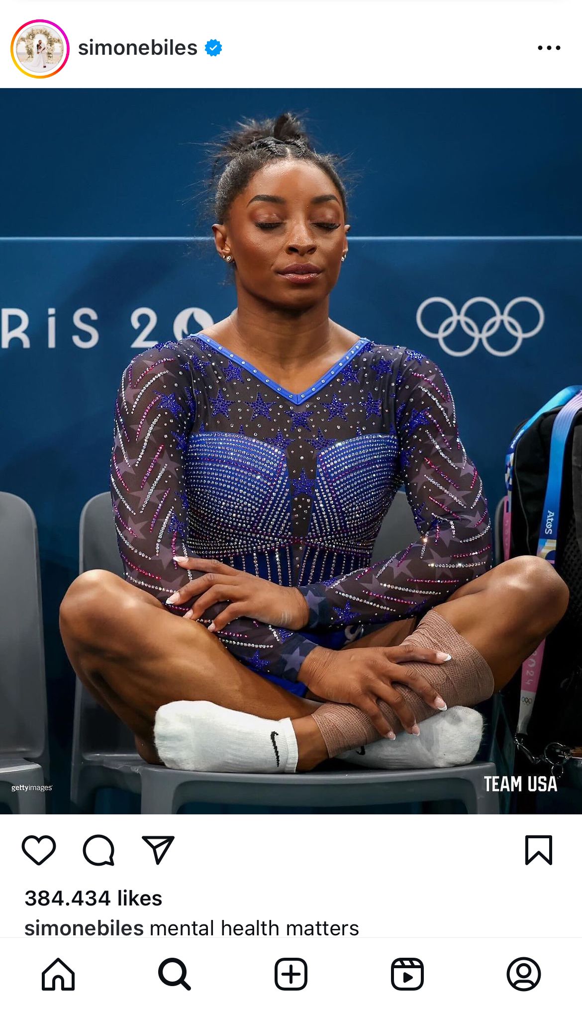 Simone Biles în timpul competiției din cadrul Jocurilor Olimpice, Paris, 2024. Caption: mental health matters. FOTO: Instagram @simonebiles